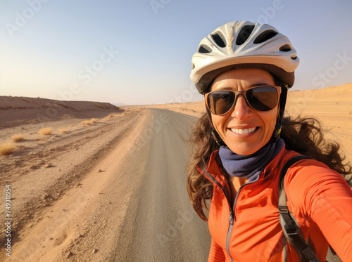 Adventurous cyclist with helmet and sunglasses taking a selfie in the desert. © Sascha