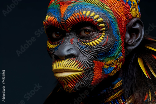 A close up of a person 's face with colorful paint on it