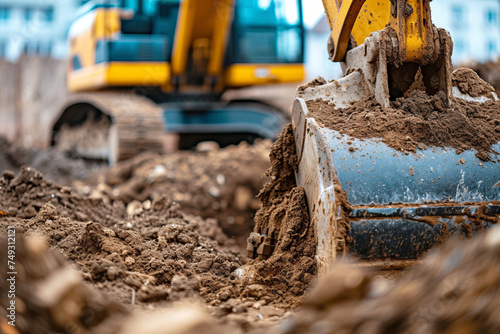 Excavator digging trench or earth at construction site, focus on metal excavator bucket scooping up earth
