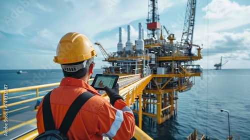 Operator records the operations of oil and gas processes at oil plants and drilling platforms. Offshore oil and gas industry Operator inspects production process Daily diary as usual.