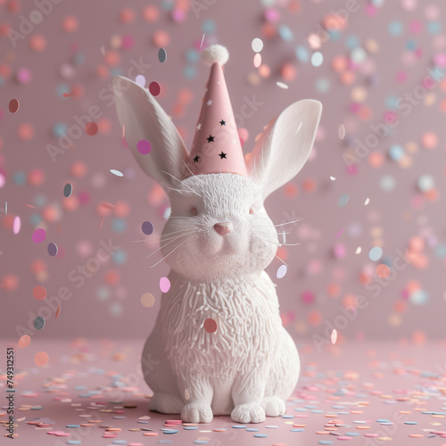 easter bunny with confetti and party hat pink ribbon