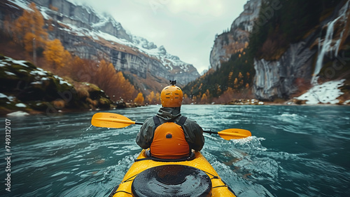 Close-up of whitewater kayaking down a river in the mountains, beautiful landscape, extreme sport © Loucine