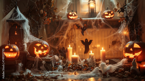Eerie Halloween Decor in Dim Light