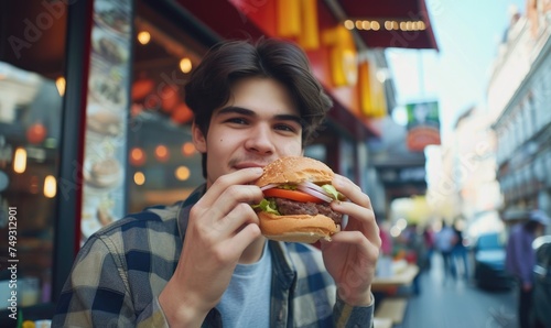Man eating favorite cheeseburger near fast food outside.