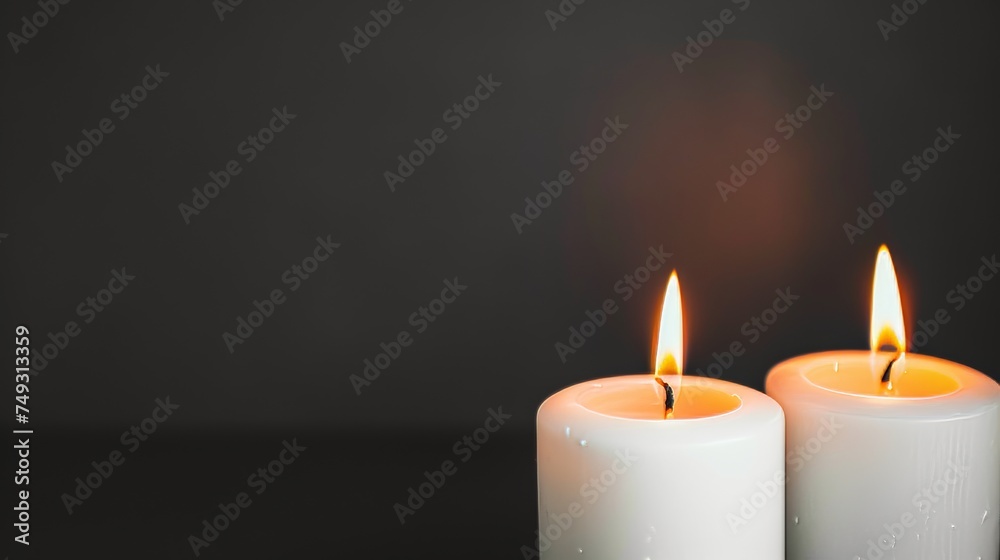 Mockup of two lighted white candles, space on the right for writing Mockup of two lighted white candles, space on the right for writing