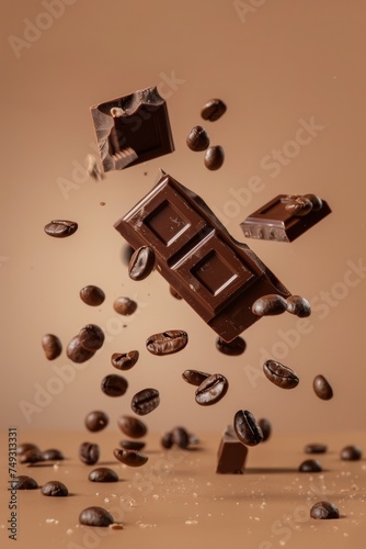Chocolate and coffee beans falling down, advertising concept, brown tones
