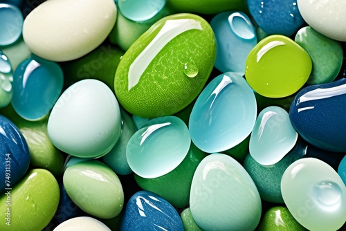 A wallpaper background of pile of smooth pebbles in different shades of blue and green colors, with water droplets on them photo