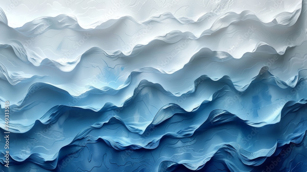 Background art composed of white and light blue colors. Watercolor painting on canvas with a denim gradient. Fragment of artwork on paper with a wavy pattern. Backdrop texture.