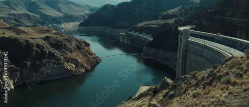 A serene hydroelectric dam nestled in a majestic mountain landscape.