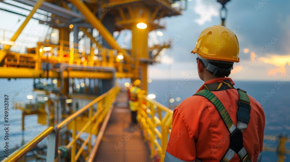 Technician offshore while working on an oil and gas rig. Technician offshore while working on an oil and gas rig.