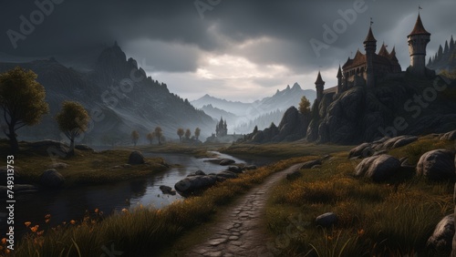 Medieval fantasy landscape with dark atmosphere