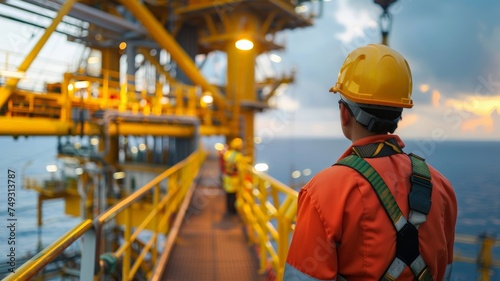Technician offshore while working on an oil and gas rig.