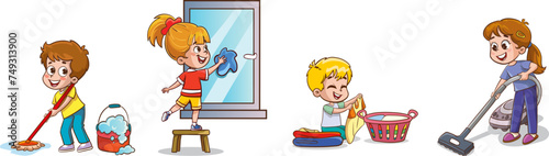 Vector illustration of set of kids doing cleaning and housework. gaining responsibility awareness and helping family.