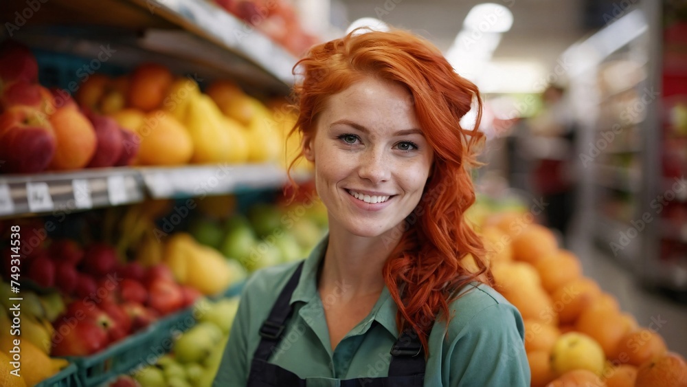 Smiling redhead female supermarket fruit section worker looking at the camera
