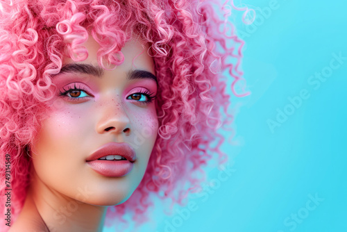 Close portrait of beautiful woman with curly pink hair isolated on empty light blue background with space for text or inscriptions 