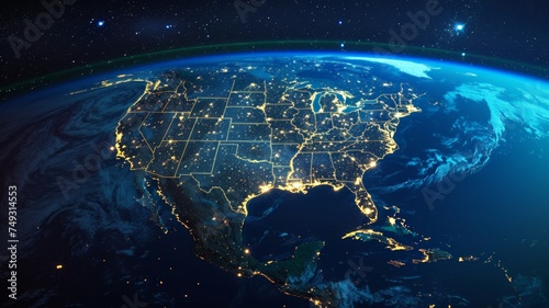 United States and North America from space at night with city lights showing human activity.