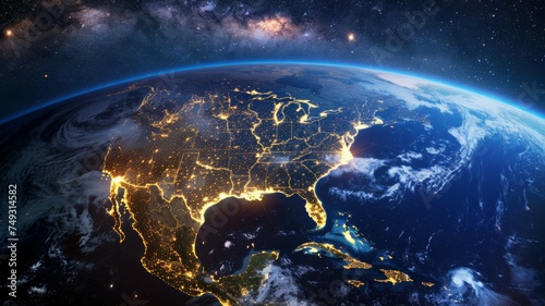 United States and North America from space at night with city lights showing human activity.