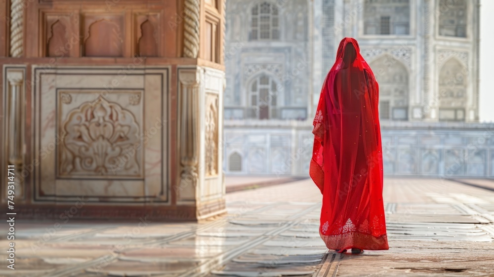 Woman in red sari in Taj Mahal, Agra, Uttar Pradesh, India