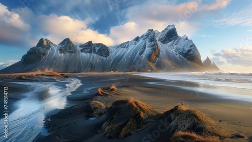 Vestrahorn mountain on Stokksnes peninsula in Iceland during sunset Amazing Icelandic natural sea Landscapes of Iceland © Annawet boongurd