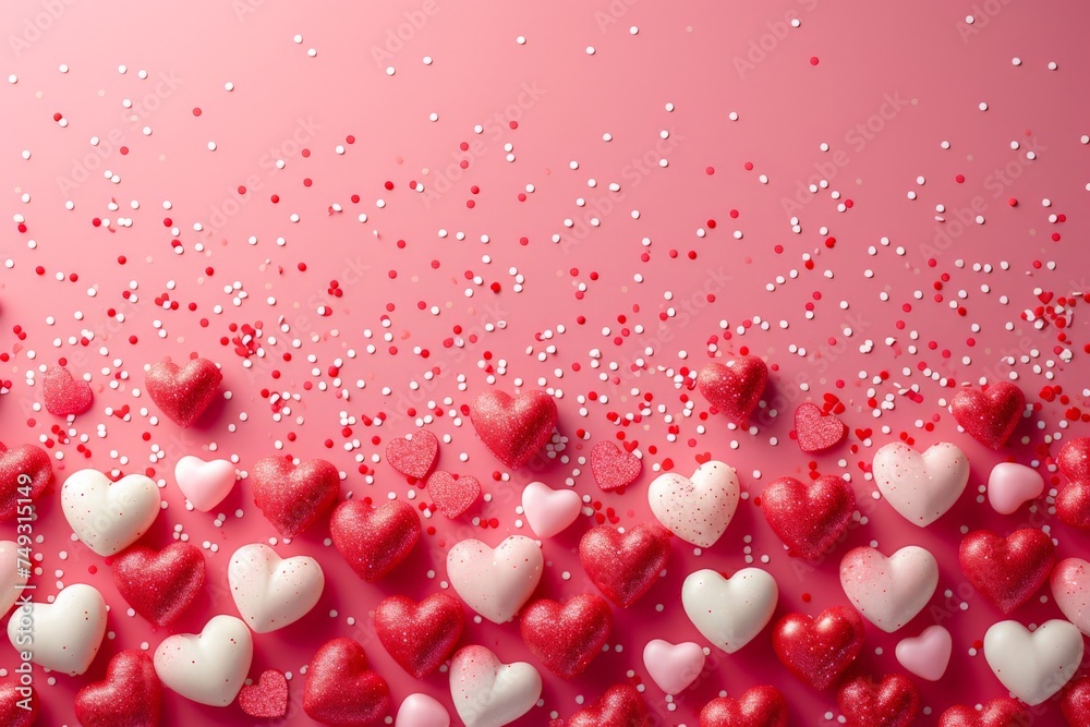 Valentine's Day background with red and white hearts on pink surface, top view, flat lay concept with copy space