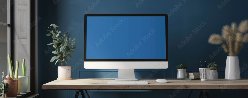 Blank screen desktop computer on white table with green plants on sides