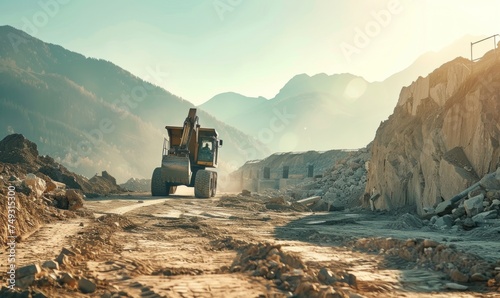 excavator loads heavy stone at rocks construction site. © Filip