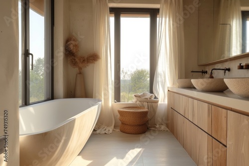 Interior of spacious minimalist bathroom in modern luxury residential house. Wooden cabinet with surface-mounted sinks, freestanding bathtub, home decor, large windows. Eco-style design.