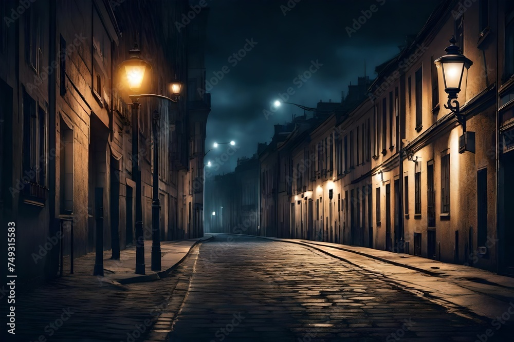 An empty street at night with street lamps. Creative Banner. Copyspace image