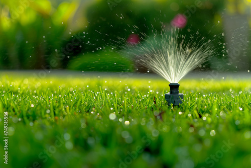 Automatic lawn sprinkler  retractable sprinkler for watering the grass with water splashing from it  selective focus. Lawn care theme 