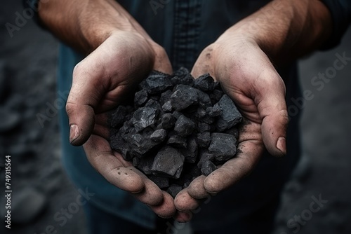Top view of man hands holding coal over pile