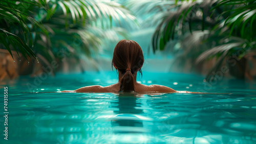 kobieta spędzająca czas w luksusowym basenie. © siwyk