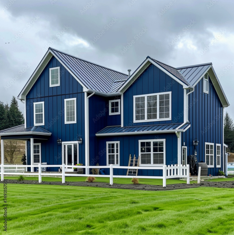 navy blue modern barndominim with white trim, aluminum picket fencing, large yard, beautiful green grass, overcast sky navy blue modern barndominim with white trim, aluminum picket fencing, large yard, beautiful green grass, overcast sky