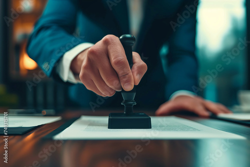Businessman in suit putting stamp on documents, focus on hand with stamp with documents, selective focus 