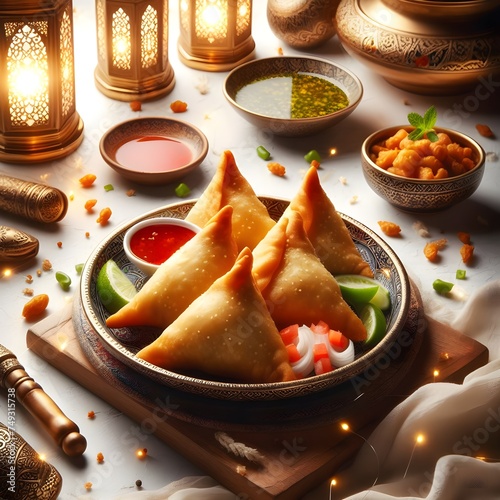 Beautiful promotional photo of Indian food, samosa. National Indian cuisine, beautiful plates, spices and candles