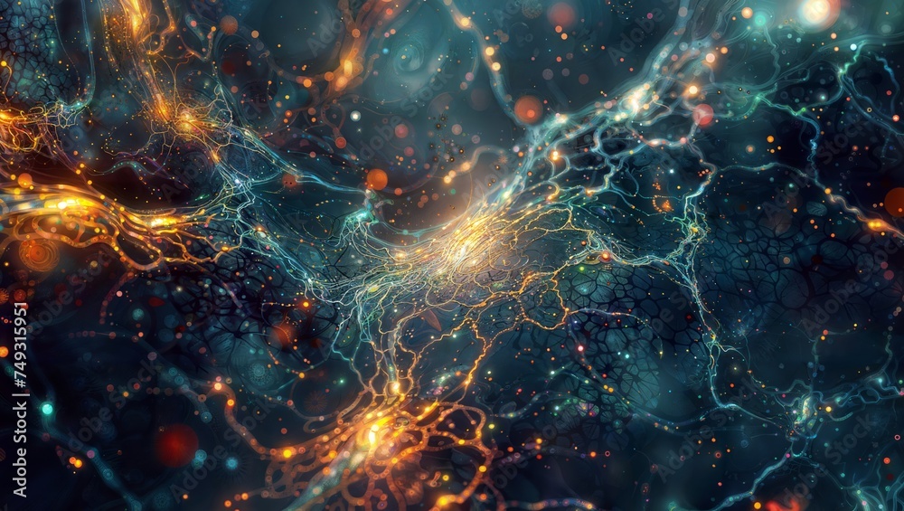 Neural Network Symphony: Stunning artwork depicting a vibrant neural network firing, showcasing the beauty of the mind. - obrazy, fototapety, plakaty 