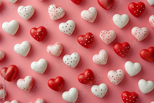 Red and white heart shaped candies arranged on a pink background with white polka dots