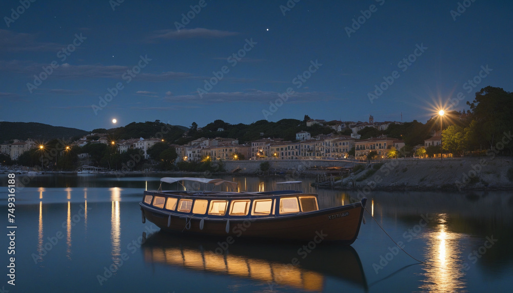 night view of the town from the rives with a boat