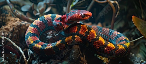 A colorful Eastern Coral Snake, scientifically known as Micrurus fulvius, is coiled gracefully on top of a tree branch. Its vibrant coral hues stand out against the green foliage, showcasing the photo