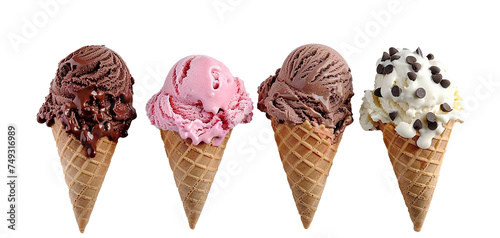 Strawberry, Chocolate and  Vanilla Ice cream in the cone on transparent background