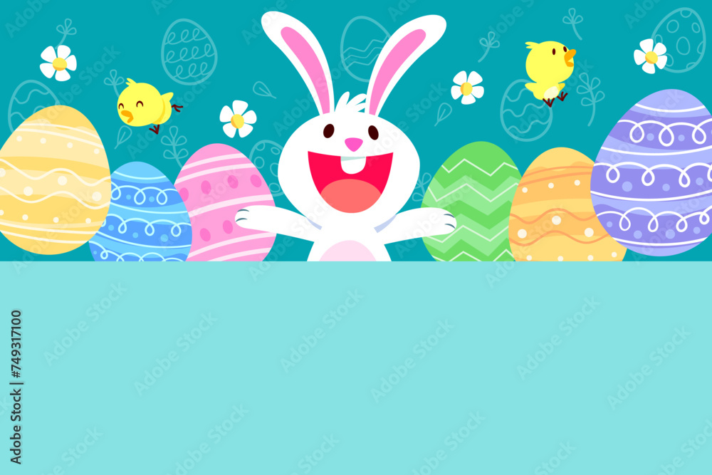 cute bunny with easter eggs on top of blank space