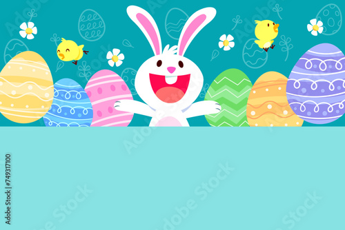 cute bunny with easter eggs on top of blank space
