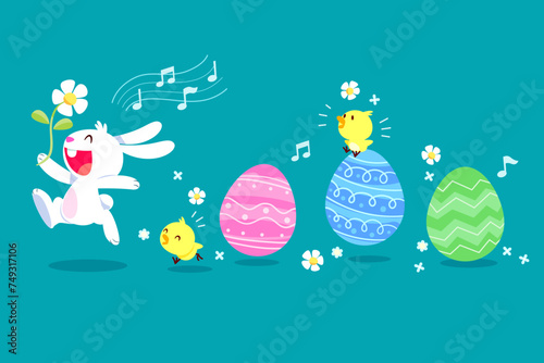 cute bunny in a parade with chicks and easter eggs