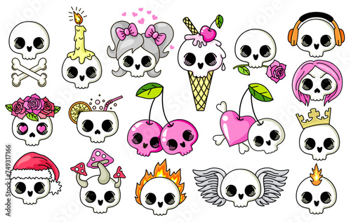 Set of Cute Cartoon skulls isolated on a white background. Collection of cute funny halloween cartoon character. Spooky magic skulls. Funny symbol of robbers, Halloween. Colored cranium illustration