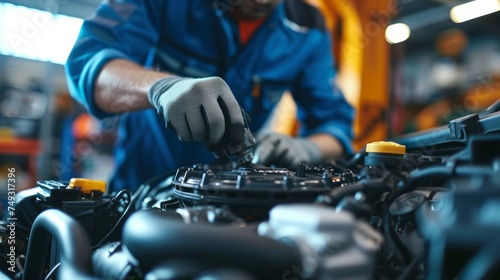Close-up shot of a mechanic working on a car engine. A skilled professional is engaged in repairs and maintenance of cars in a modern equipped service workshop.