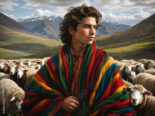 Joseph wearing a coat of many colors with flock of sheep in the background. Biblical theme concept.