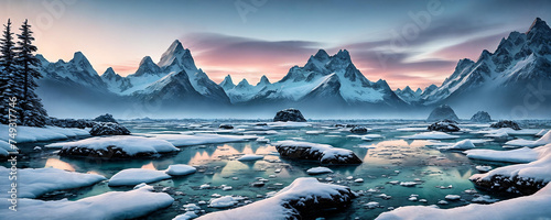 Frozen tundra planet, frigid, icy world. Panorama. Generative AI photo