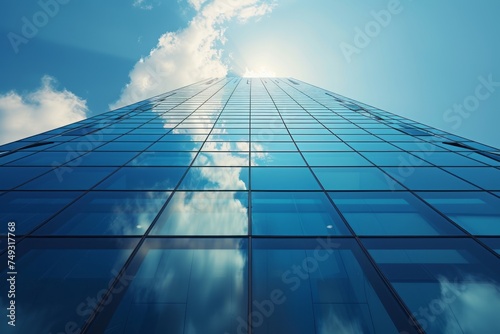Bottom-up perspective view of modern office building with glass walls against the blue sky. The sky and light clouds are reflected in the mirror surface of a commercial skyscraper.