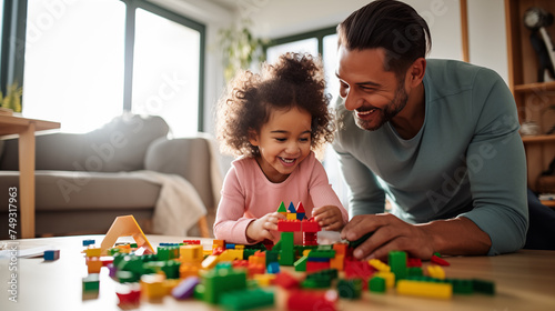 A girl play with father building block in the living room, Learning and toy with a parent photo