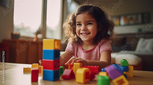 A girl playing blocks in the living room.