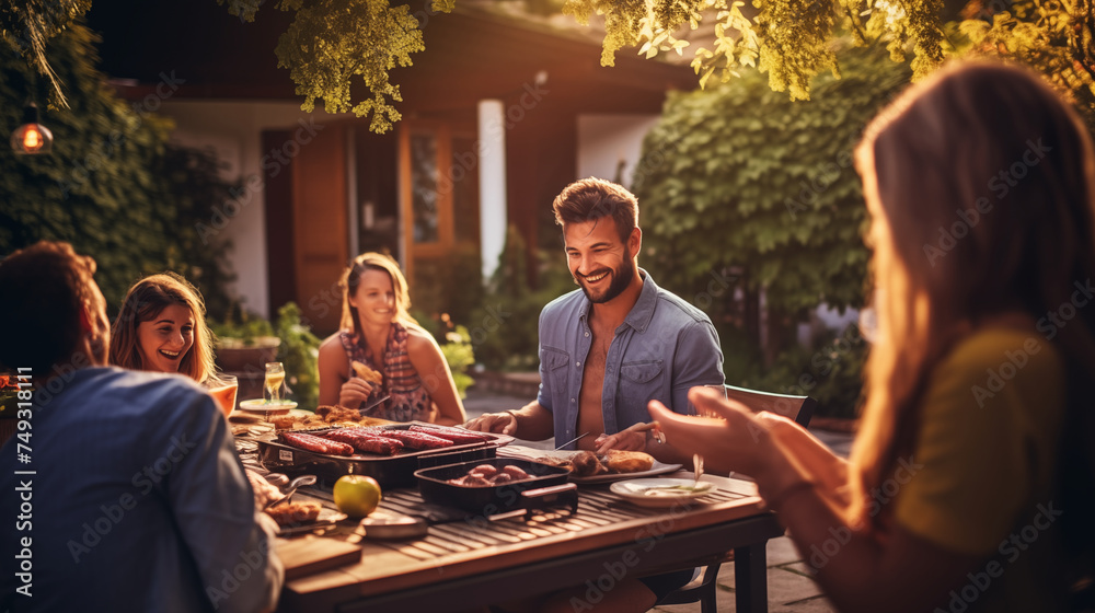 Happy family and friends having dinner with barbecue grilling outdoor, photo shoot, natural light Happy family and friends having dinner with barbecue grilling outdoor, photo shoot, natural light
